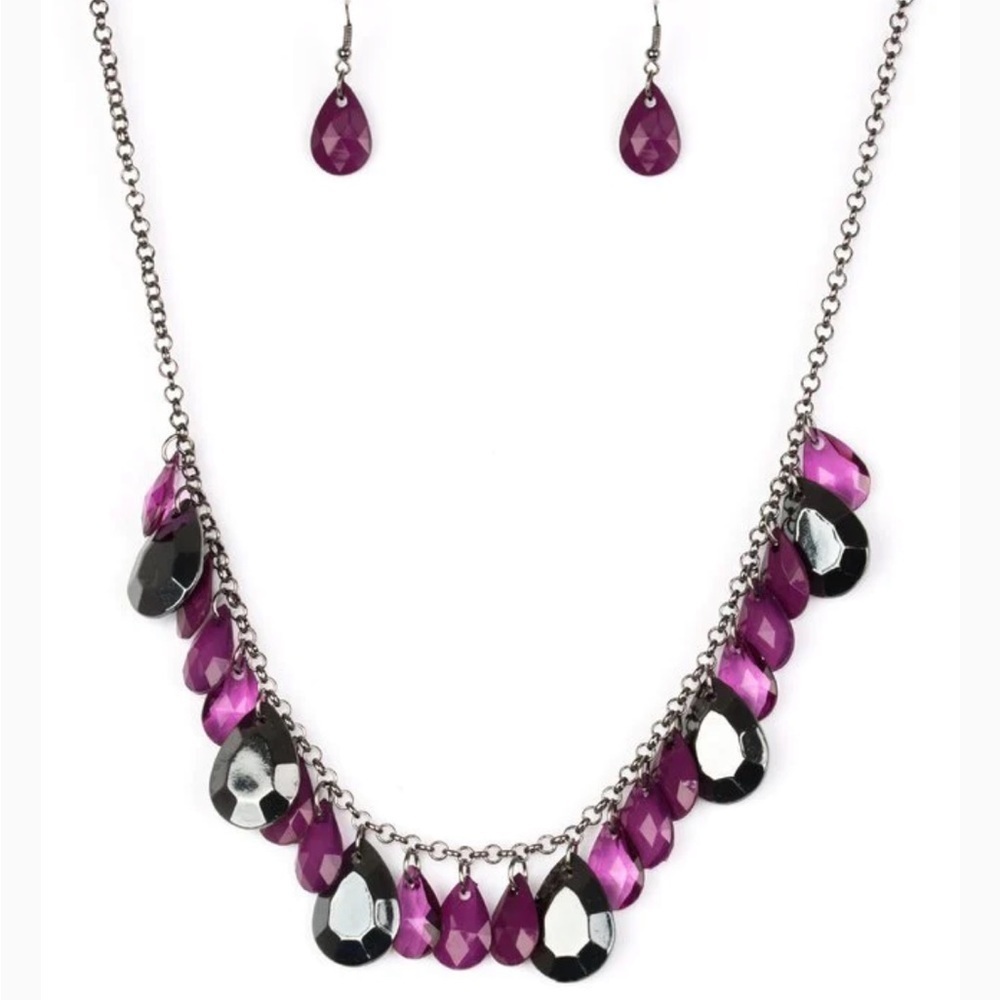 Polished purple & faceted gunmetal teardrops on Chain Necklace & Earrings Set